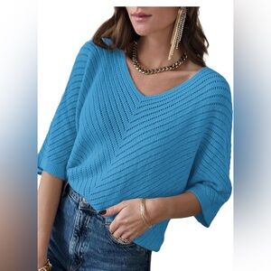 Blue V-Neck 3/4 Sleeve Oversized Knit Sweater